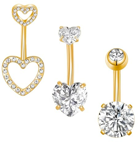 Gojewen 3Pcs Piercing Nombril Acier Chirurgical 14G Nombril Piercing Argent Or Cœur Nombril Piercing Bijoux