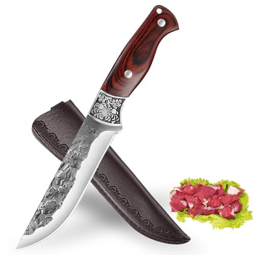 Fubinaty Japanisches Kochmesser Handgeschmiedetes Küchenmesser Full Tang Outdoor Kochmesser High Carbon Steel Camping Jagdmesser Holzgriff Gebrauchsmesser mit Lederscheide