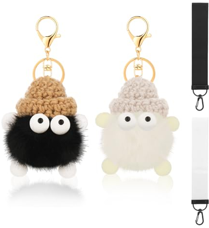 2 Pièces Porte Clef Pompon, Porte Clef Peluche avec 2 Pièces Porte-Clés en Sangle, Porte-Clés en Pompon Animal Mignon, Porte Clé Femme Pompon pour les Femmes Filles (Noir Beige Blanc)