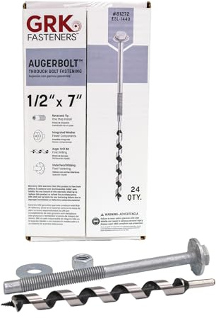 GRK Fasteners AugerBolt™ Through Bolt Fastening System, Galvanized Heavy-Duty Carriage Bolts, Rust & Corrosion Resistance for Post-to-Beam Connections, 24 Bolts with Drill Bit, Hex Nuts, & Washers