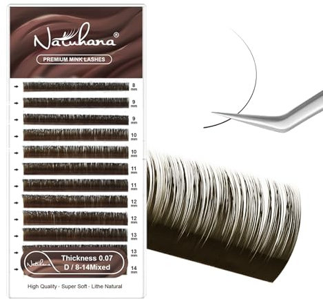 NATUHANA Couleur Extension Cils 0.07mm D Curl 8-15mm Mixte Colorés Individuel Volume Russe Naturel Faux Cils Professionnel Eyelash Extensions (Marron;0,07 D, 8-15 mm)