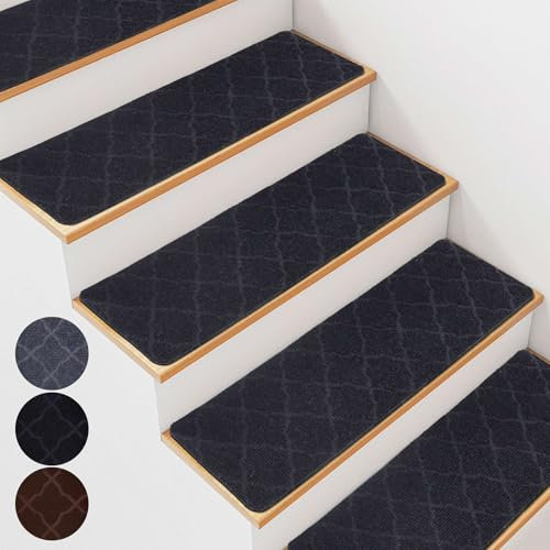 BREENHILL 15 PCS Non Slip Stair Treads for Wooden Steps – 20 x 76cm Indoor Non Slip Stair Treads, Carpet Stair Mats with Self-Adhesive Backing, Removable & Machine Washable – Grey Pattern