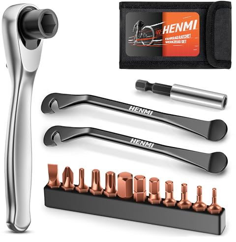 HENMI Klein Fahrrad 1/4 Ratschenschlüssel set,72 Zähne Mini Ratsche,Inklusive 12 Teiliges Schraubwerkzeug Set,1 Verlängerungsstange,2 Reifenheber,Multifunktional Fahrrad werkzeuge,Fahrrad Werkzeugset