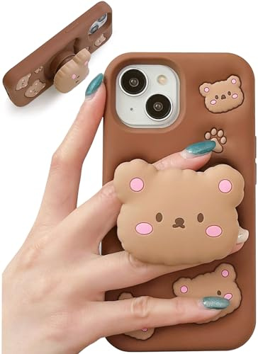 TUFTA Kawaii 3D Teddy Bear Phone Case for iPhone 11 (with Retractable Phone Stand & Grip) Cute Girly Cartoon Soft Silicone Phone Cover for Girls, Kids, Teens, and Women, Brown