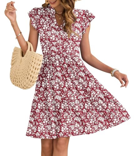 AUSELILY Women Summer Dress V Neck Ruffle Short Sleeve Ladies Dress Wrap Waist Casual Minidress with Pockets New Floral Red S