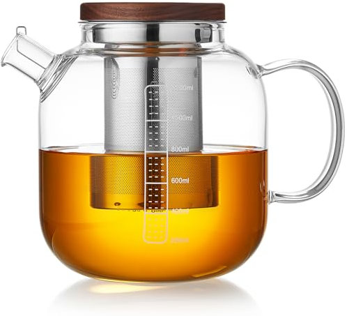 MESNEY Glass Teapot with Infuser and Lid - 40oz Borosilicate Glass Teapot with Heat-Resistant Handle - Stainless Steel Mesh Infuser for Loose Leaf & Blooming Tea - Stovetop & Microwave Safe