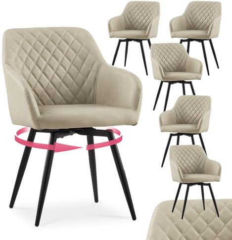 CLIPOP Esszimmerstühle Drehbar Set mit Armlehne, Samt Polsterstuhl Gepolstert Sitz Küchenstuhl Drehstuhl Armlehnenstuhl für Esszimmer Wohnzimmer Büro (Kunstleder Beige, 6er Set)