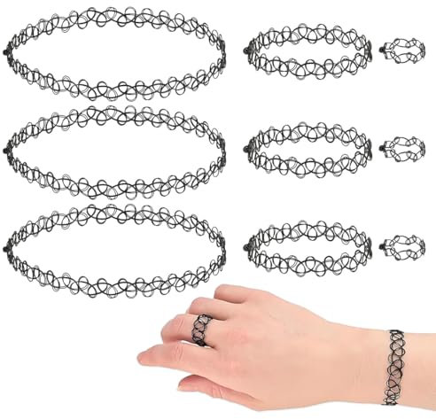 HABNI 9 Stück Choker Halskette Sets,Elastische Tattoo-Halsband,Ringe,Armbänder,Jeweils 3 Stück,Boho-Stil,90Er Jahre Accessoires Für Mädchen(Schwarz)