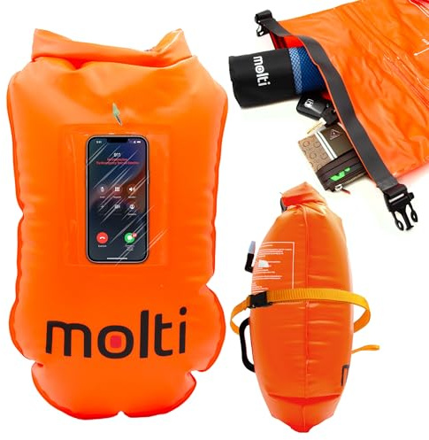 molti 2in1 aufblasbare Schwimmboje und Trockensack 15L 28L Pull Boje mit Handytasche für Erwachsene Baywatch Boje Orange Sicherheit beim Schwimmen Open Water und Triathlon (BA004, Orange, 28 L)