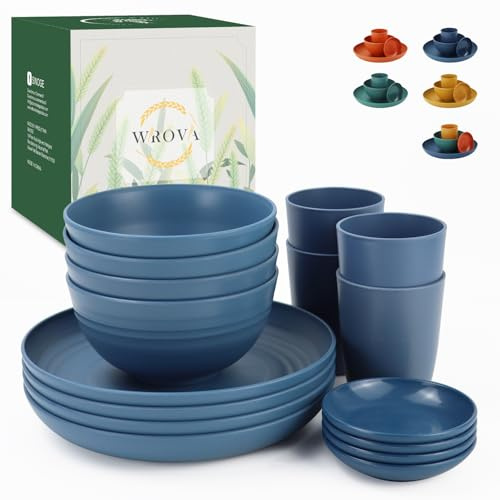 Wrova Reusable Plastic Plates and Bowls Sets of 16 Dinner Set - Unbreakable Plates Sets | Service for 4 | Lightweight Plastic Dishes Set for Camping - Microwave Safe and Dishwasher Safe. Blue