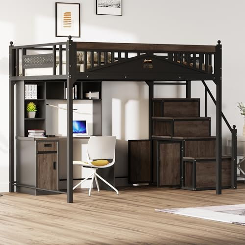 Zepneiy - Cama entrepiso (140 x 200 cm, con bola de metal y diseño de ventana, con escalera de almacenamiento intercambiable, color negro (colchón no incluido)