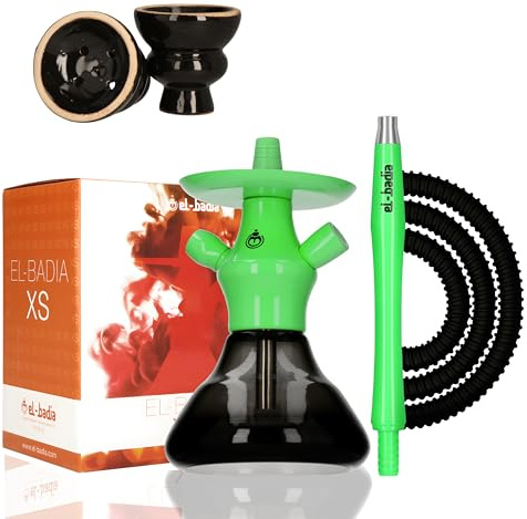 Chicha EL-BADIA® XS 21cm – Chicha Compacte et Portable de Voyage – Set Complet Nomade avec Vase en Verre, Corps en Aluminium, Tuyau, Foyer et Pince – Idéal Débutants & Déplacements (Acid Green)