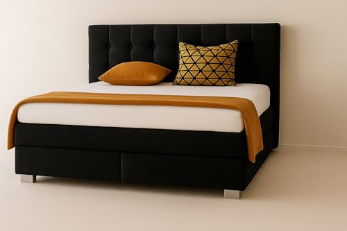 A&J MöbelLand Boxspringbett Verona 200 x 200 cm mit Zwei 7-Zonen-Taschenfederkernmatratzen und gepolstertem Kopfteil. Farbe: Schwarz