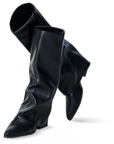 Zeuhzih Stivali alti al ginocchio da donna, stivali pieghevoli a squalo a punta con tacco largo, stivali minimalisti in ecopelle stile street per autunno e inverno, nero, 41 EU
