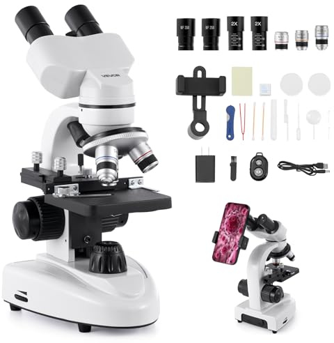 VEVOR Microscopio Binoculare, Kit Microscopio Composto con Ingrandimento 40-2000X, Corpo in Lega di Alluminio, Oculari, Luce LED, Supporto per Telefono, per Studenti, Laboratorio, Scuola, Casa