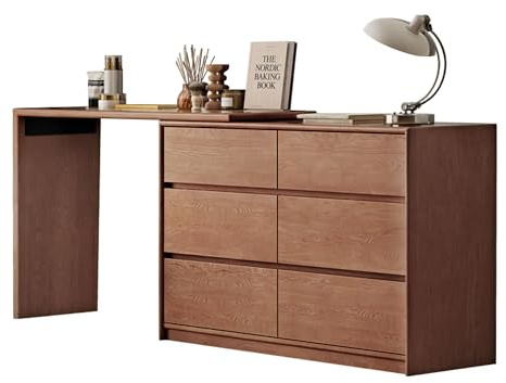 YESWOOD Kommode mit 6 Schubladen, kommode Holz Eiche 120-220 cm breit, Schubladenschrank für Büro, Schlafzimme, Dreh- und ausziehbare Kommode mit L-förmige Tischblatt, Roteiche in Walnussfarbe