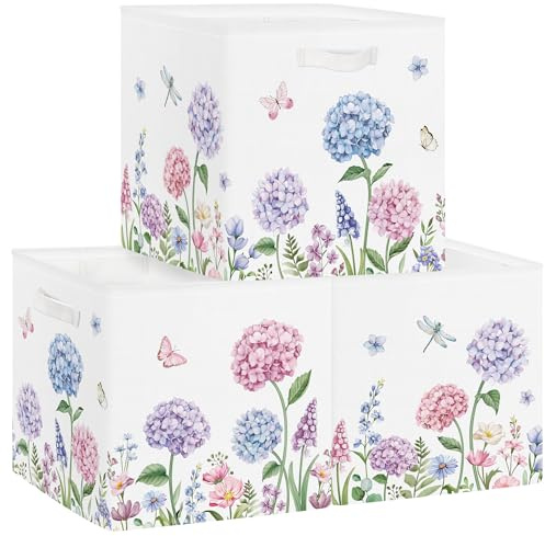 Clastyle 3 Stück Wildblumen Frauen Aufbewahrungsbox Stoff für Kallax Faltbar Aufbewahrungskorb Klein Schrank Organizer Kleiderschrank für Regal,Lila Hortensie,30x30x30 cm