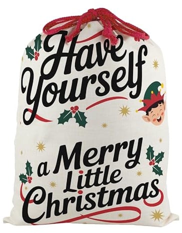 Childrens Christmas Santa Sack, Extra Large Kids Gift Bag for Xmas Presents with Red Drawstring Ties - Merry Christmas Elf