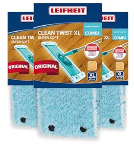 Leifheit Wischbezug CLEAN Twist XL, Super Soft 3er Set, 42 cm | Für Parkett, Laminat und Kork, minimale Wasseraufnahme, schlingenförmig, waschbar bis 200x bei 60°C, mit Druckknöpfen