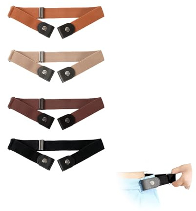 Sylkeov Lot de 4 Ceintures Élastiques Sans Boucle pour Adultes et Enfants, Réglables et Invisibles avec Cuir PU, Couleurs Noir, Marron, Beige et Camel, Adaptées aux Garçons et Filles de 3 à 15 Ans