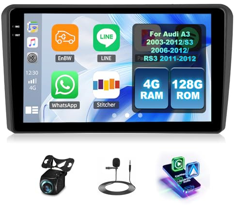 4+128G Autoradio Android 15 für Audi A3 2003-2012/S3 2006-2012/RS3 2011-2012 9 Zoll Incell Touchscreen Autoradio mit Wireless Carplay Android Auto Bluetooth WiFi GPS FM/RDS SWC Rückfahrkamera & MIC