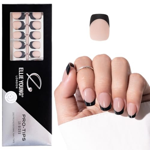 Ellie Young 150pcs Press On Nails Short Square Black Nail French Tip,15 Sizes, PRO-TIPS Gel Acrylic Nail Extensions for Easy DIY Salon (ONLY NAILS) French Short Square