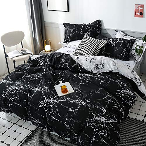 RongRongIN Marmoriert Bettwäsche 155 x 220 cm 2er–Set – Schwarz Weiß Marmor Muster, 1 Bettbezug 155x220cm und 1 Kissenbezug 80x80cm mit Reißverschluss, Weich Bequem Wendebettwäsche Bettwaren