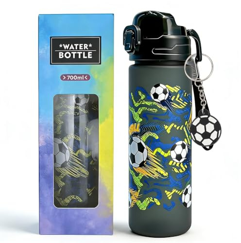 KDFSSIPE 700ml Trinkflasche Fußball-Design mit Fußball-Schlüsselanhänger, Sporttrinkflasche, auslaufsichere mattschwarze Sporttrinkflasche, geeignet für Fitness, Wandern (Mattschwarz)