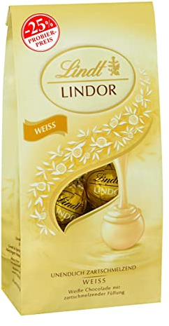 Lindt Schokolade LINDOR Kugeln weiß, Promotion | 4 x 137 g Beutel | ca. 4 x 10 Schokoladen Kugeln weiße Schokolade mit zartschmelzender Füllung | Pralinen-Geschenk | Schokoladengeschenk