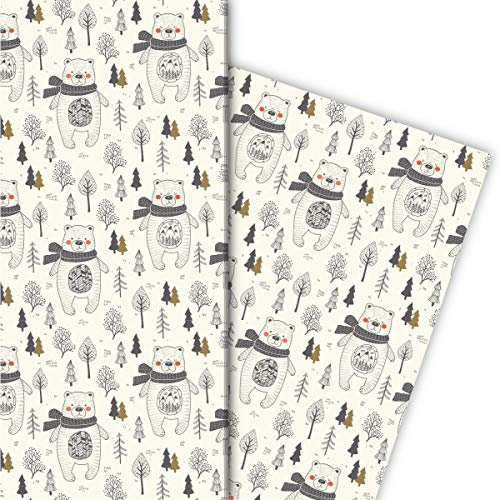 Kartenkaufrausch Nettes Winter Weihnachts Geschenkpapier Set mit Bär im Wald • Geschenkverpackung 32 x 48cm, 4 Bögen zum Einpacken für Geburtstage, Weihnachtspapier, Dekorpapier, beige