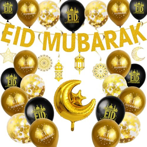 YNOUU Eid Mubarak Ramadan Feier Dekoration Latex Ballons zum Aufhängen Banner (gold)