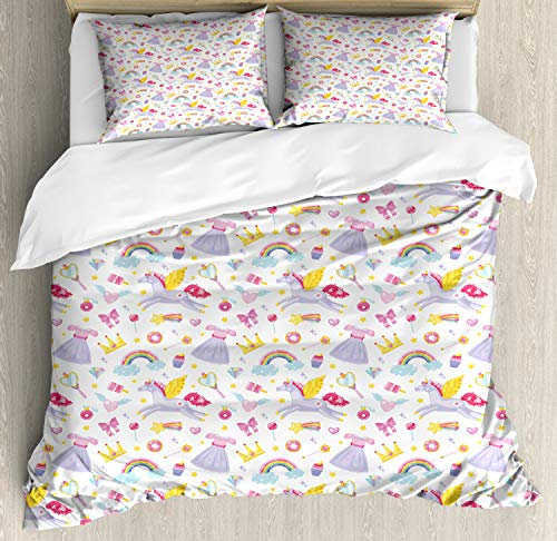 ABAKUHAUS Regenbogen Bettbezug Set für Einzelbetten, Einhorn-Pegasus-Bonbons, Milbensicher Allergiker geeignet mit Kissenbezug, 230 x 220 cm - 70 x 50 cm, Mehrfarbig