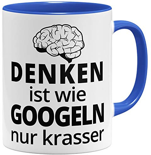 OM3® Denken ist wie Googeln nur krasser Kaffee-Tasse mit lustigem Spruch - Keramik Becher - 11oz 325ml - Beidseitig Bedruckt - Blau