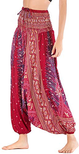 Nuofengkudu Damen Tiefer Schritt Hippie Haremshose Baggy Bunte Harem Jumpsuit Viskose Hose Leicht Dünn Luftig Wahrsagerin Kostüm Hosen Sommerhose Yogahose Haushose Einheitsgröße Weinrot Pfau