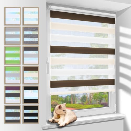 Zarnan Doppelrollo Klemmfix ohne Bohren Weiß-beige-braun 110x120cm(Stoffbreite 106cm) Duo Rollo Blickdicht Zebrarollo Rollos für Fenster ohne Bohren für Wohnzimmer Küche Büro lichtdurchlässig