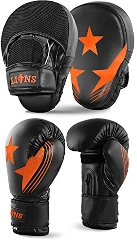 Lions Amateur Fitness Boxing Set Hook & Jab Pads Focus Punch Bag Gloves Target Strike Mitts (Orange Star, 10oz)
