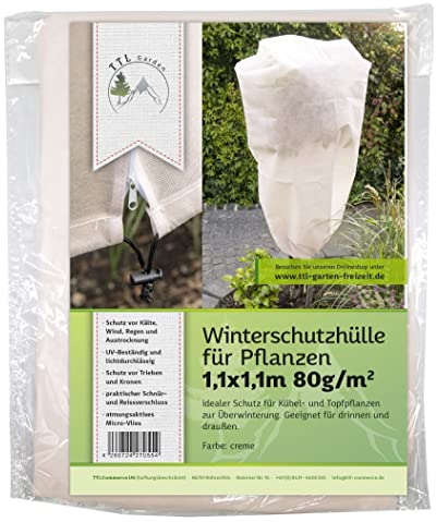 TTL Garden 110 x 110 cm Winterschutz Haube für Pflanzen 80g/m² beige - Premium Vlies Schutzhülle mit Reißverschluss, Frostschutz Haube für Kübelpflanzen Palmen Oliven - gegen Frost Wind Austrocknung