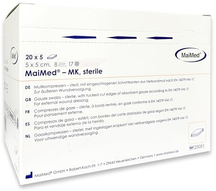 Sterile Kompressen 5x5 cm – 100 Stück (20x5) Mullkompressen 8-lagig, fusselfrei – Mulltupfer steril & Wundauflagen nicht haftend für Verband & Pflege