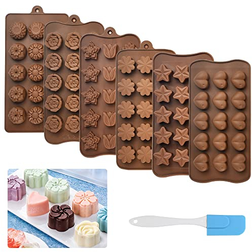 DIKEBAO 6 Stück Schokoladenform Silikon Pralinenform Set 3D Süßigkeiten Formen Verschiedene Formen Schokoladen Silikonform Antihaft Blumenform Backform für Backen Schokolade Süßigkeiten (Schwarz)