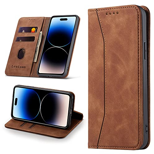 Leaisan Handyhülle für iPhone 14 Pro Hülle Premium Leder Flip Klappbare Stoßfeste Magnetische [Standfunktion] [Kartenfächern] Schutzhülle für iPhone 14 Pro 5G Tasche - Braun