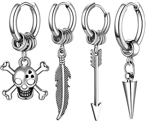 JewelryWe Schmuck 4pcs Ohrringe Set Herren Punk Creolen mit Pfeil Blatt Feder Totenkopf Schädel Kegel Konus Anhänger Edelstahl Baumeln Ohrhänger Ohrstecker Silber