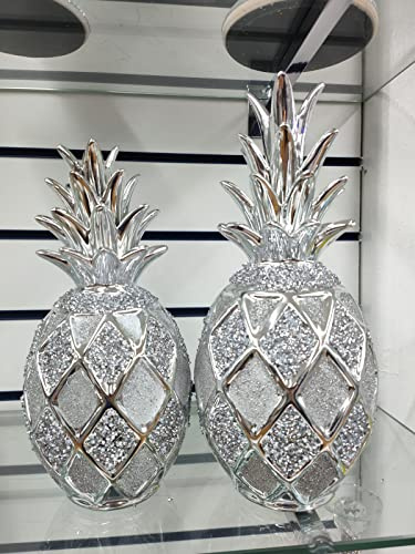 Biznest Xl Silver Set Of 2 Pineapples Sparkle Bling Ornament Crushed Diamond Shelves Display