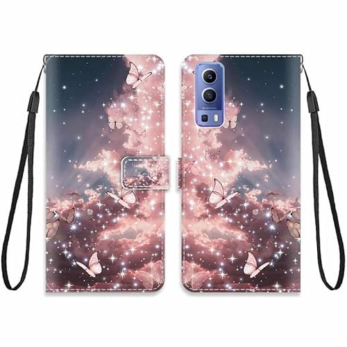 KARTXITAI Cuir Coque Compatible avec Vivo Y72 5G Antichoc avec Support Clapet Design Motif Drôle Étui Bumper Portefeuille Magnétique Créatif Case Cover Housse-Papillons Roses,Ciel,Nuages