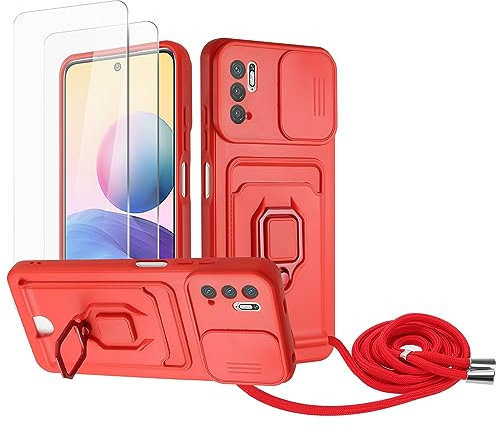 Zallagre Cordon de Coque Compatible avec Redmi Note 10 5G/Xiaomi POCO M3 Pro 5G,[2 Pièces] Verre Trempé,Lentille Coulissante Couverture,360 Degrés Bague Rotatif Support,Fentes pour Cartes-Rouge