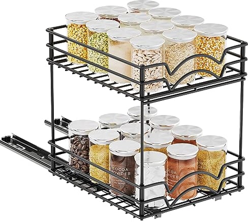 FANHAO Rack à épices coulissant pour armoire, organisateur d'assaisonnement de cuisine robuste, organisateur d'armoire avec tiroir coulissant à 2 niveaux, noir mat