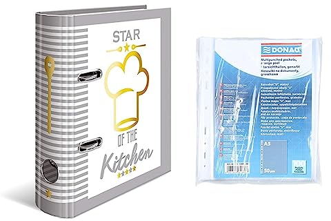 HERMA 15416 Rezeptordner DIN A5 Star of the Kitchen zum Selberschreiben & DONAU Prospekthüllen DIN A5 / 100 Stück/Genarbt Oben Offen Klarsichthüllen Sicht-Hüllen Gelochte Plastikhülle