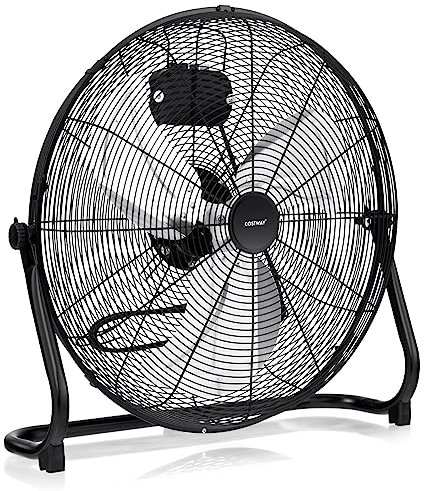 COSTWAY Ventilatore da Terra 50 cm, Ventilare Industriale a 3 Velocità Inclinazione di 145° e Pale in Metallo, Ventilatore da Pavimento per Magazzino Cantina Garage Palestra (Stile 2 Nero)