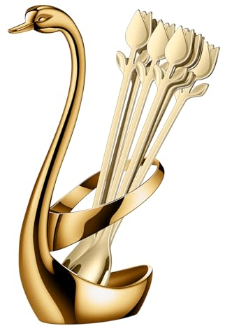 SGVRPVZ Champagne Small Coffee Spoon Holder Set,Gold Swan Base With 12 Pcs Demitasse Espresso Spoons Set,6 Mini Tulip/Rose Dessert Spoon,Stainless Steel Tea Spoons