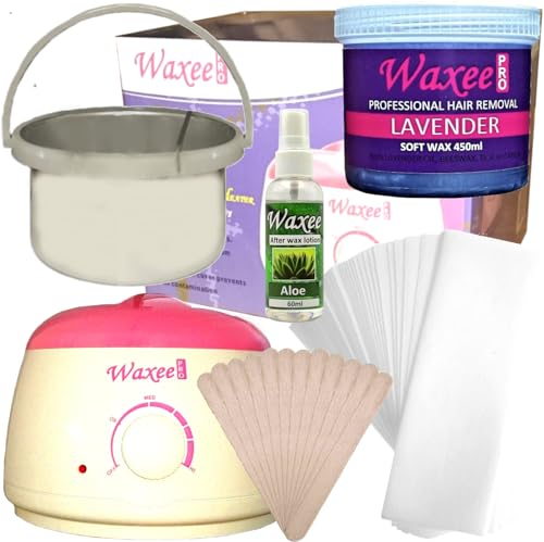 Soft, pot wax kit, starter waxing kit. Wax heater, 450ml Lavender creme wax, waxing strips, spatulas & Aloe after wax oil from UK brand- Waxee