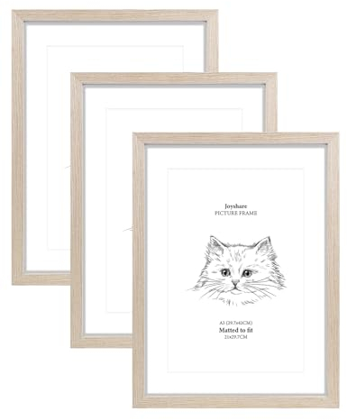Joyshare Bilderrahmen A3 Eiche, 3 PACK mit Passepartout MDF Holzrahmen DIN A3 27.9x42 cm Eiche Bilderrahmen, Hochklar Acrylglas Moderner Fotorahmen, ideal für Fotos/Bilder/Kunstwerke, Wechselrahmen